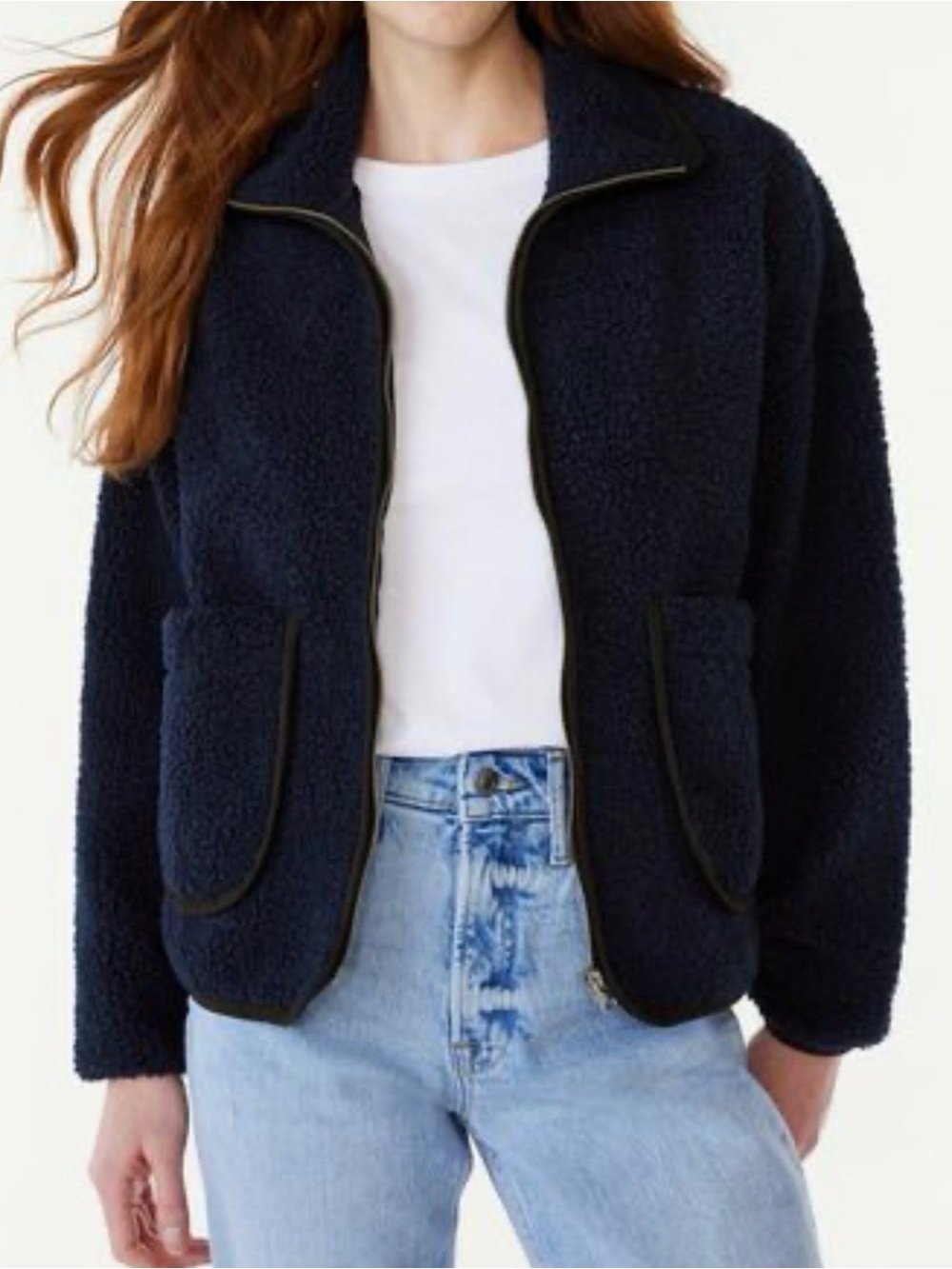 Free Assembly /// Women's Patch Pocket Mixy Teddy Fleece Jacket - Navy Blazer